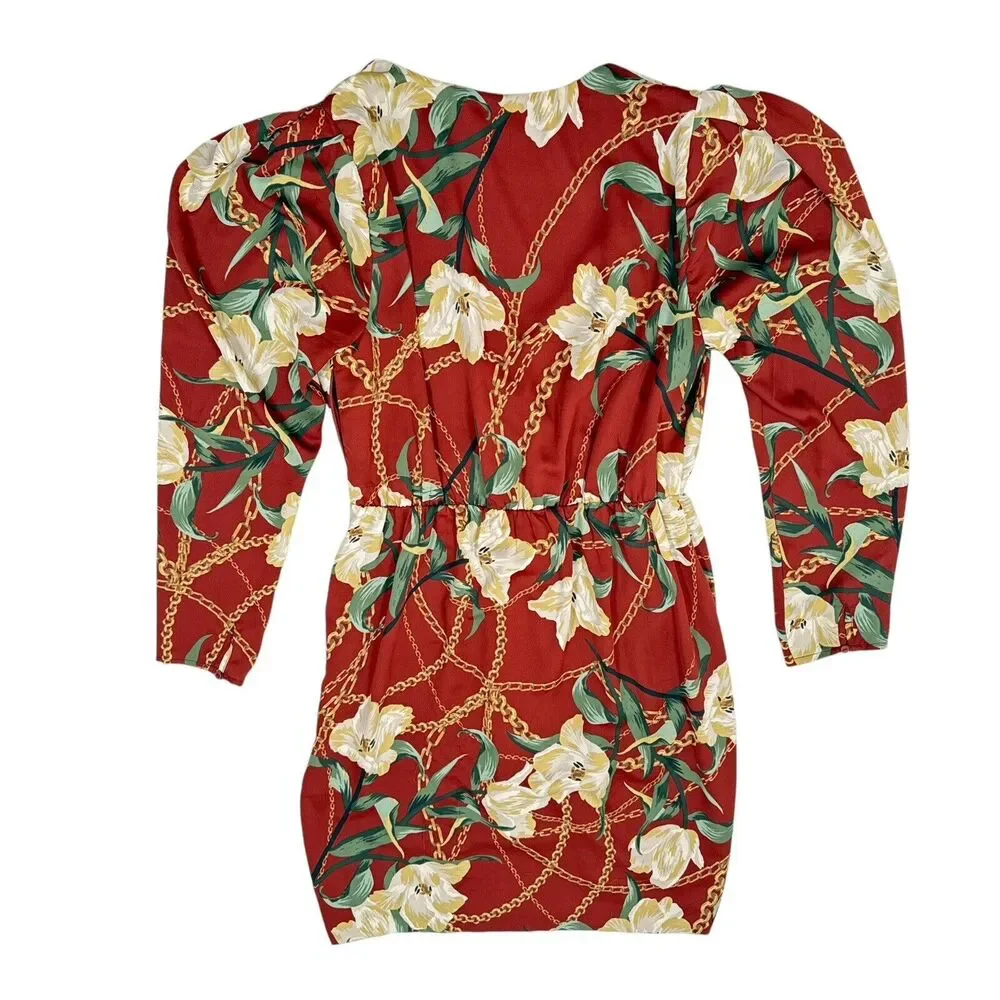 ASTR Dress Size Medium Red Alexis Floral Printed‎ Mini Puff Sleeve Wrap Casual